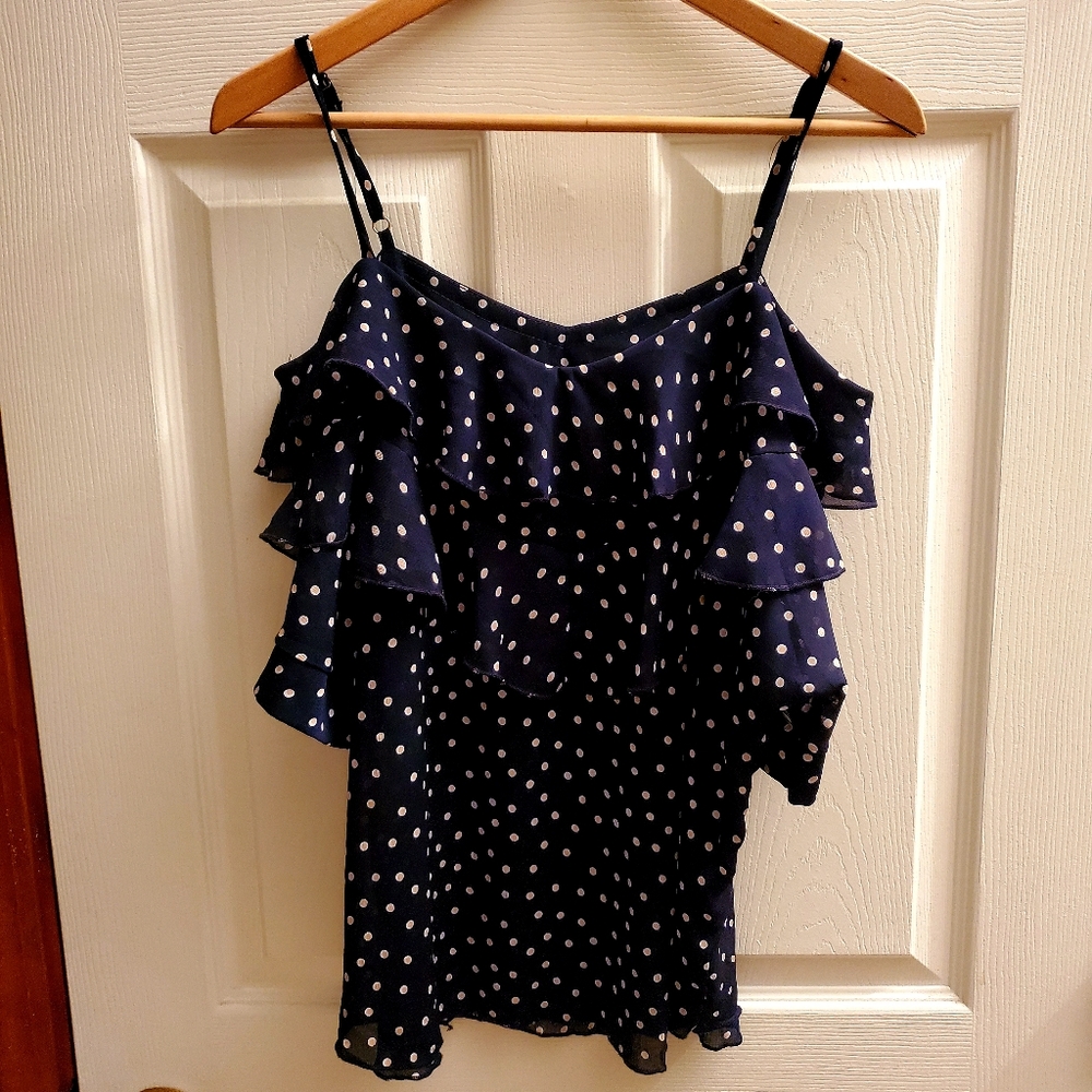 NWOT Cute Navy Polka Dot Ruffle Blouse